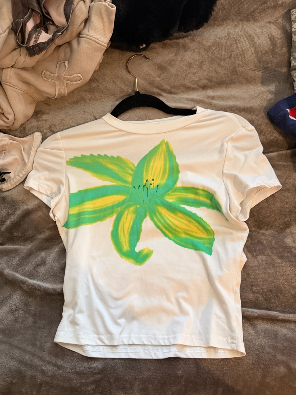 White Tee with Large Green & Yellow Floral Graphic